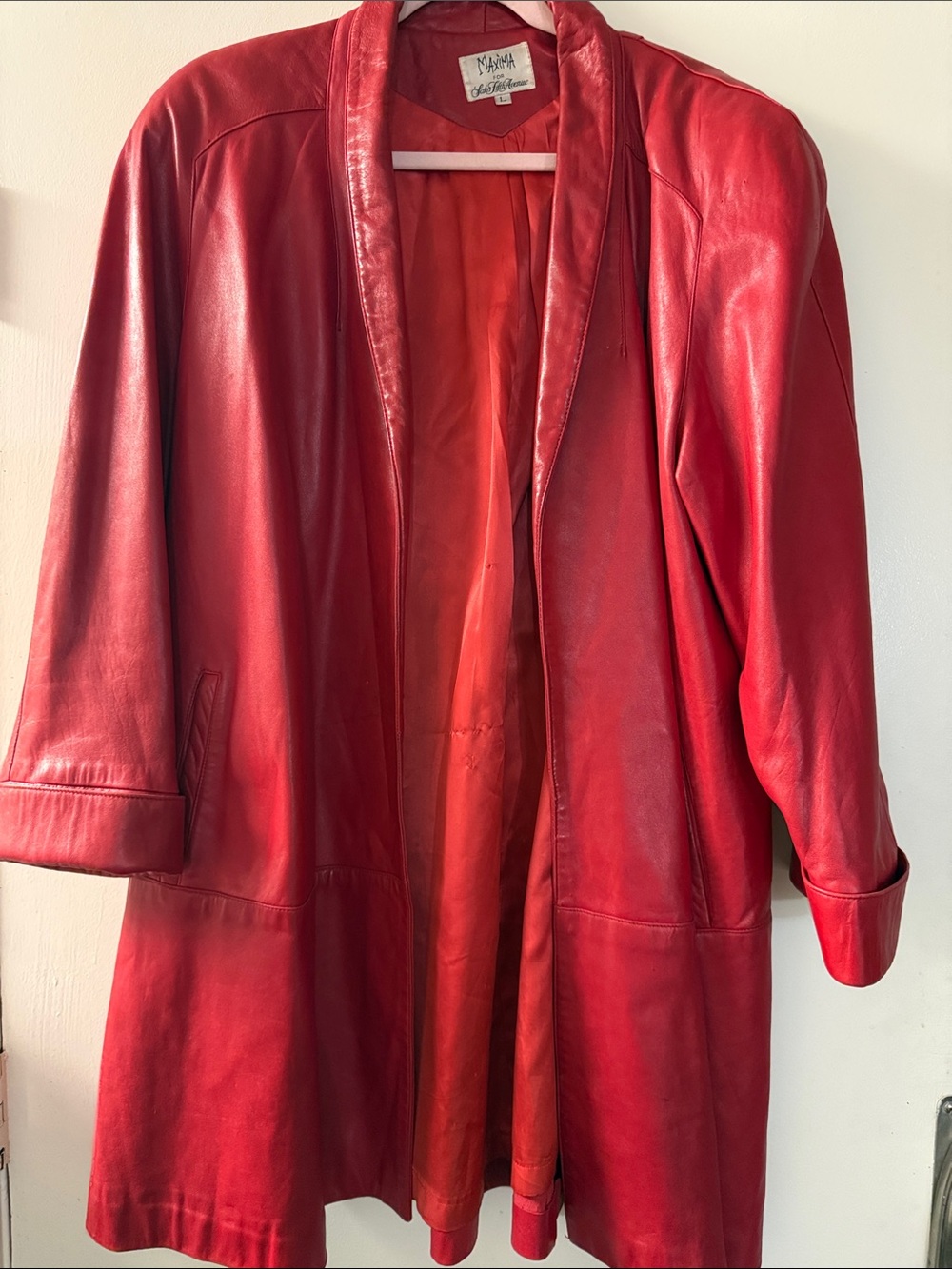 Maxima for Saks Fifth Ave Vintage Red Leather Swing Coat